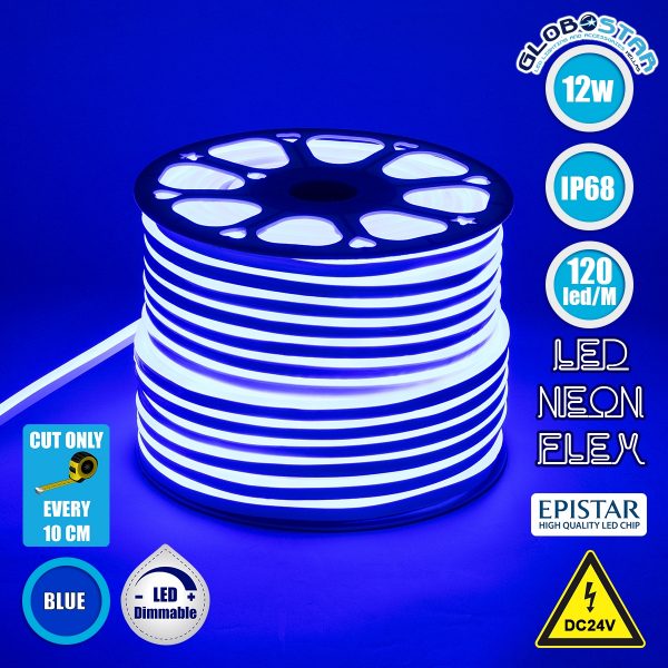 OVALE 120° Degree Neon Flex Epistar LED SMD 2835 1m 12W/m 120LED/m 1212lm/m 120° DC 24V Αδιάβροχη IP68 Μπλε Dimmable GloboStar®