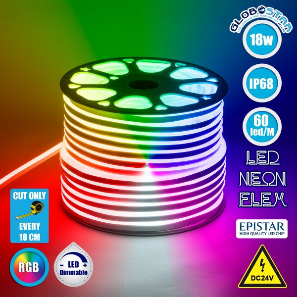 OVALE 120° Degree Neon Flex Epistar LED SMD 5050 1m 18W/m 60LED/m 1818lm/m 120° DC 24V Αδιάβροχη IP68 RGB Dimmable GloboStar®