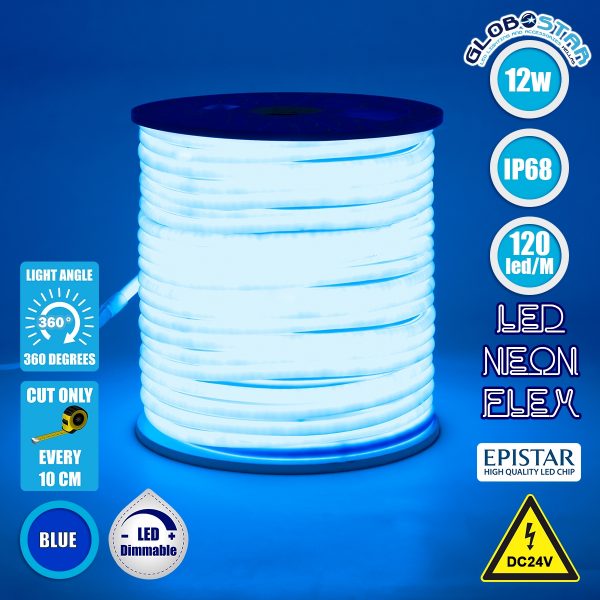 TUBE 360° Degree Neon Flex Epistar LED SMD 2835 1m 12W/m 120LED/m 1212lm/m 360° DC 24V Αδιάβροχη IP68 Μπλε Dimmable GloboStar®